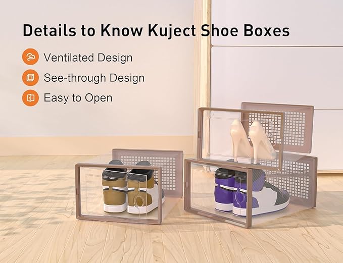 Kuject X-Large Shoe Storage Boxes Organizers for Closet 12 Pack, Fit Size 11,Clear Plastic Stackable Sneaker Containers for Entryway, Space Saving Shoe Rack,Substitute for Drawer Organize Unit, Brown
