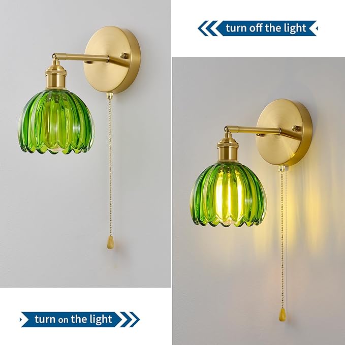 Vintage Wall Sconce 2 Pack, Green Glass Shade Gold Wall Lamp with 12 Inch Cable Switch, Modern Bathroom Wall Sconces Set of Two for Bedroom Corner Hallway