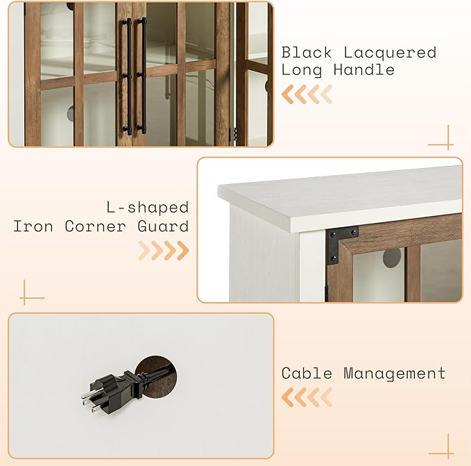 AMERLIFE Farmhouse 63" Buffet Sideboard Cabinet with Glass Door, Large Storage Cabinet with Adjustable Shelf, Wooden Coffee Bar Station for Kitchen, Dinning Room, White