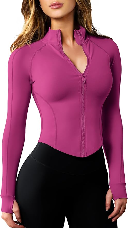 AVGO Women's Workout Jacket Lightweight Zip Up Cropped Yoga Jackets Slim Fit Athletic Tops with Thumb Holes