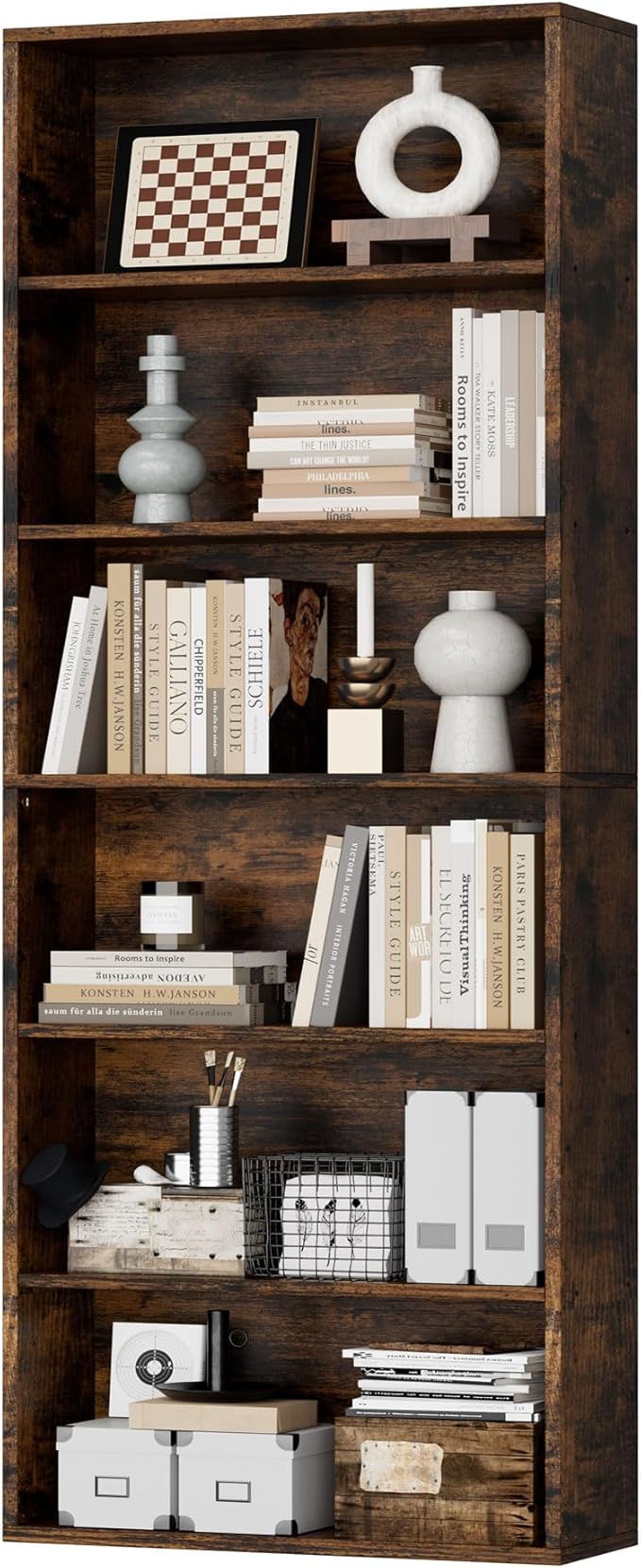 JAMFLY Open Bookshelf and Bookcase, 6 Shelf Storage Tall Bookcase for Bedroom, Living Room and Office, Vintage Brown