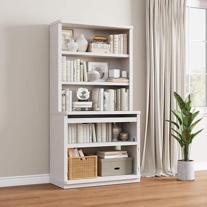 Rresyet 5 Tier Bookcase with Flip-Flop Design, 71" x 37" x 16" Wooden Book Shelf, Extra Bookshelf Storage Organizer, Display Standing Shelf Unit for Home Office, Living Room, Study Room (White)