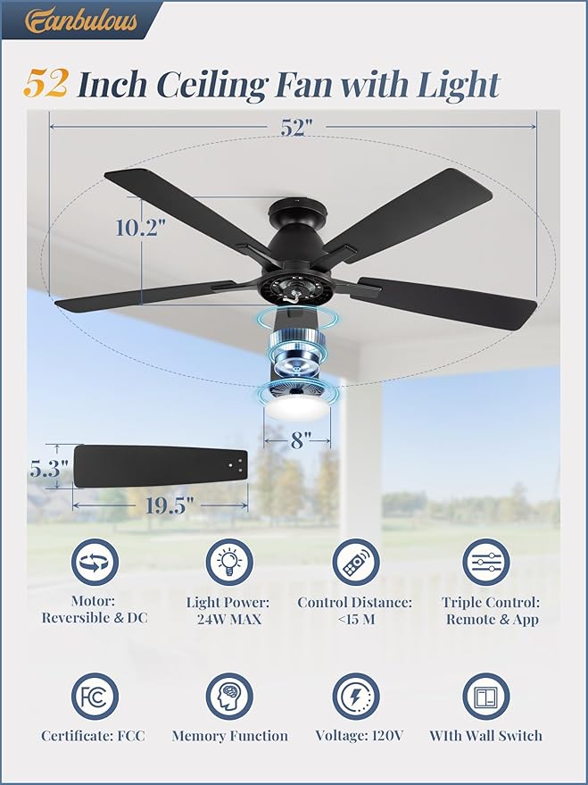 52 inch Ceiling Fans with Lights, Smart Flush Mount Ceiling Fan and Remote APP, Modern Low Profile, 3CCT 20W LED with 6-Speeds Quiet Reversible Motor for Bedroom, Living Room, Kitchen, Black