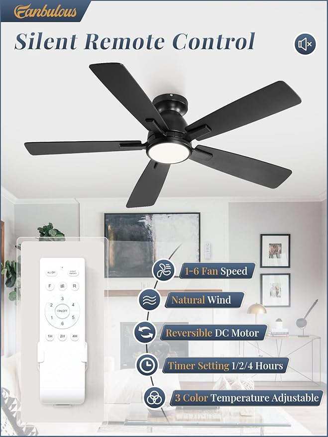 46 inch Ceiling Fans with Lights, Flush Mount Ceiling Fan and Remote, Modern Low Profile, 3CCT 20W LED Light with 6-Speeds Quiet Reversible Motor, for Bedroom, Living Room, Apartment, Black