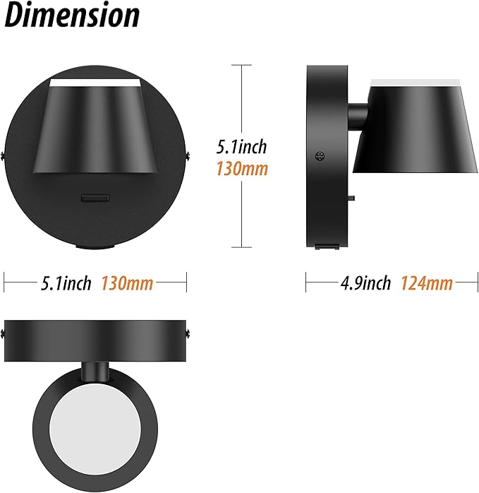 URSOLA Wall Light Set of Two, LED Wall Sconce with On/Off Switch USB Charging Port 110 Volt Hardwired Wall Lamp 350 Rotatable Up Down Sconces Wall Lighting (Black)