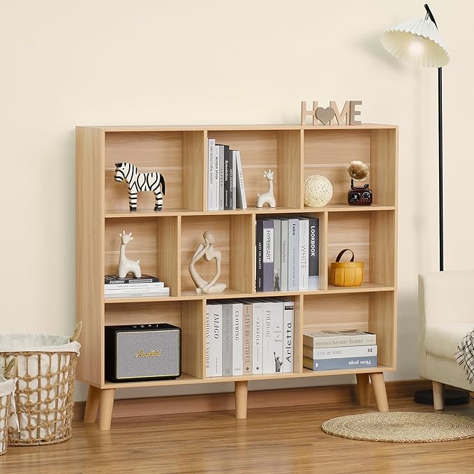 LEYAOYAO 10 Cube Bookshelf,3 Tier Modern Wide Bookcase with Legs,Mid-Century Wood Bookshelfs Storage,Natural Large Book Case,Freestanding Organizer Display Shelf for Bedroom,Living Room,Office