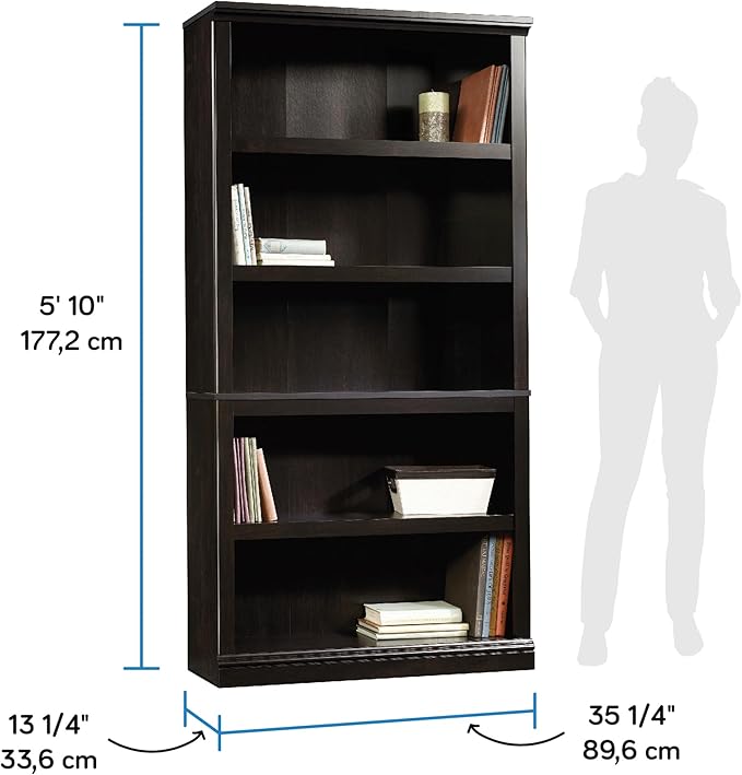 Sauder Miscellaneous Storage 5 Bookcase/Book Shelf, L: 35.28" x W: 13.23" x H: 69.76", Estate Black