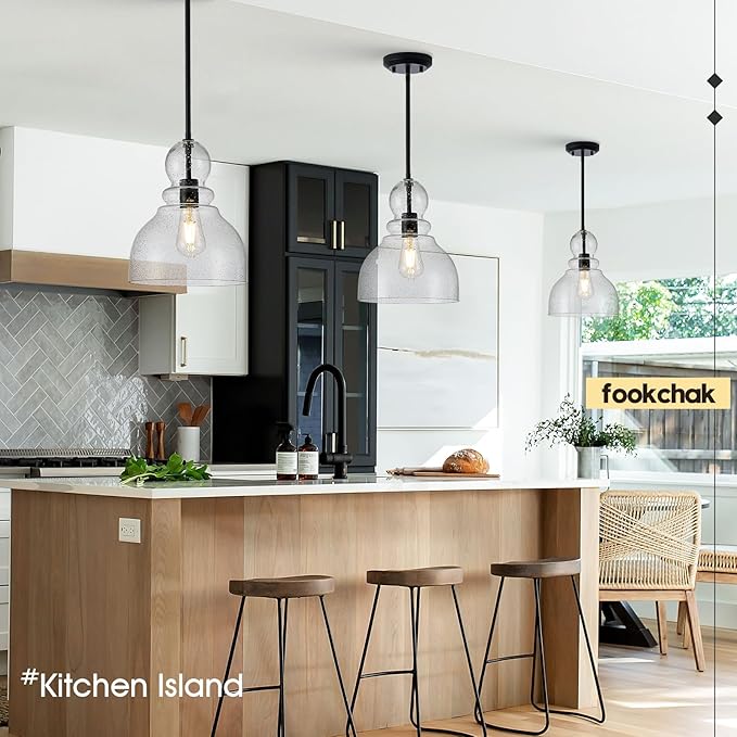 10" Seeded Glass Pendant Lights Kitchen Island Black Pendant Ceiling Light with Hand-Blown Clear Glass Over Dining Table Kitchen Sink Entryway Hallway, E26