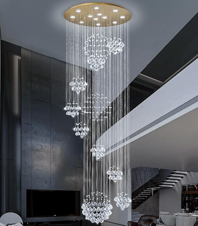 118'' Modern Large Chandelier for Foyer Raindrop Crystal Chandeliers LED Dimmable High Ceiling Flush Mount Light Fixtures for Staircaes Hallway Entryway Gold
