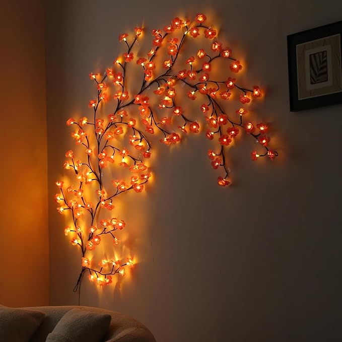 Cherry Blossom Lights with Remote, 7.5 Ft 144 Flowers Enchanted Willow Vine Lights, 18 Branches 144 LEDs Lighted Willow Vine Tree Lights for Walls Bedroom Home Room Decor, Brown Branch