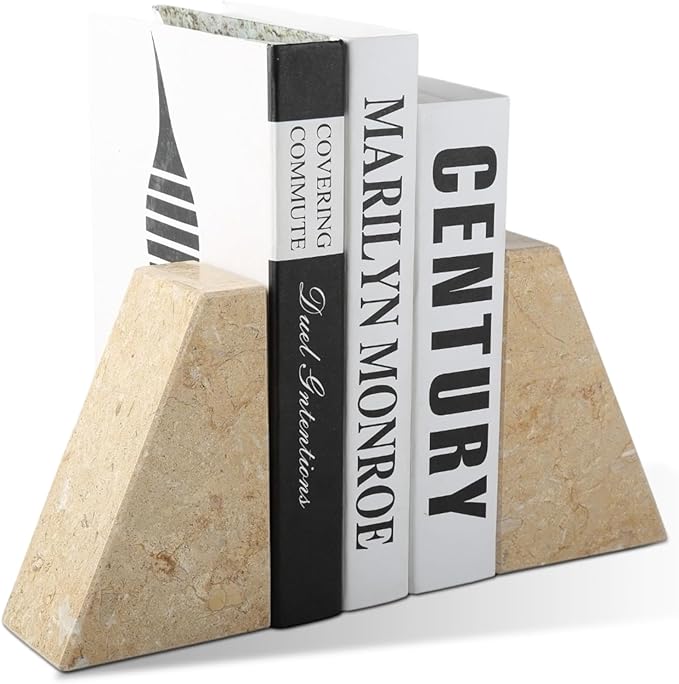 Marble Bookend for Heavy Books, Decorative Bookends for Shelves, Durable and Heavy-Duty Book End for Hardback Book &amp; CDS, Unique Book Stopper &amp; Holder, Pearlly Yellow, Set of 2