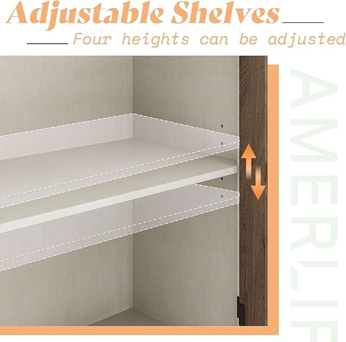 AMERLIFE Farmhouse 63" Buffet Sideboard Cabinet with Glass Door, Large Storage Cabinet with Adjustable Shelf, Wooden Coffee Bar Station for Kitchen, Dinning Room, White