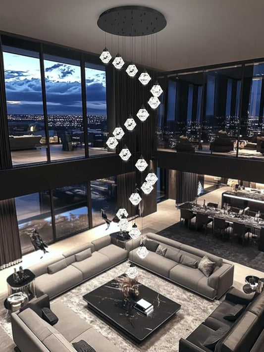 H142in Modern Crystal Chandeliers Large Chandeliers for High Ceiling Black Pendant Light Fixture 26-Lights Large Pendant Light for Staircase Living Room Hallway Entryway