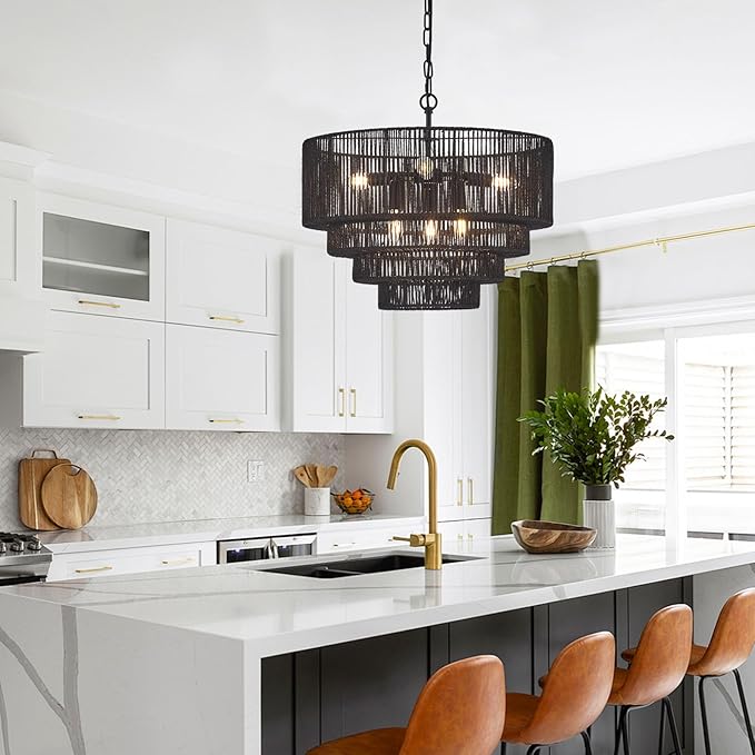 19.7" Hand-Woven Rattan Chandelier Vintage Farmhouse 6-Lights Boho Black Bamboo Chandeliers Light Fixture Retro Drum Wicker Rattan Chandelier for Dining Room, Kitchen Island, Bedroom, E12