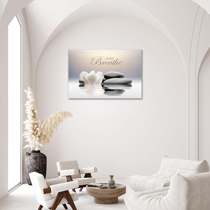 Zen Stone Canvas Wall Art Just Breathe Yoga Quotes Poster for Spa Decor White Lotus Flower Pictures Prints for Bathroom Modern Spiritual Artwork Framed (24 x 36inches)