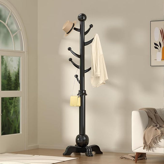 Hall Tree, Freestanding Wood Tree Rack with 7 Hooks, Coat Rack with Stable Sphere Base, Wooden Coat Rack Stand, Load 210 lb, Coat Hanger Stand for Entryway, Hallway, Bedroom (Black)
