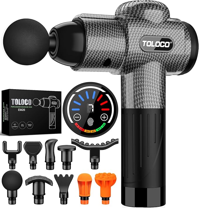 TOLOCO Massage Gun, Deep Tissue Back Massage for Athletes for Pain Relief, Percussion Massager with 10 Massages Heads & Silent Brushless Motor, Carbon
