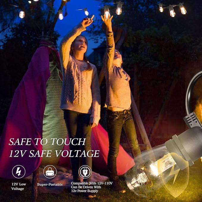 GANA Outdoor String Lights for Patio 48FT 2200K 12V Safety Voltage, LEDs with High CIR, 15 E26 Hanging Sockets, Shatterproof S14 Plastic Bulbs, IP65 Waterproof for Garden, Terrace, Outside