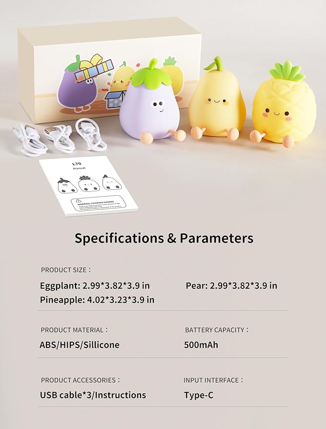 Fruit & Vegetable Night Light Set – 3 Pack Cute Silicone Nightlight, Rechargeable Bedside Touch Lamp, Dimmable Soft Night Lamp Gift for Bedroom Kids Room Decor (Pear, Pineapple, Eggplant)