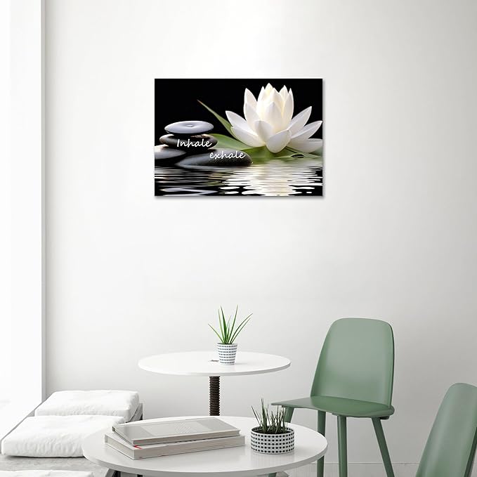 Zen Wall Art Inhale Exhale Canvas Prints Lotus Bloom in Water with Spa Stone Pictures for Zen Office Wall Decor Modern Spiritual Framed Artwork Poster (16 x 24inches)