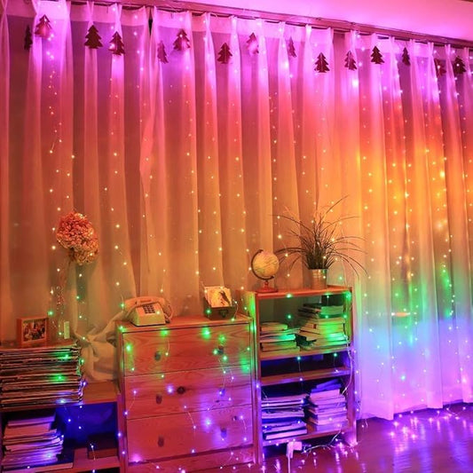 Honche 300Led Cuttable Curtain String Lights 10x10ft with Remote Window Lights for Bedroom Wedding Party Festive Season Propose Marriage (Rainbow 7 Colors)