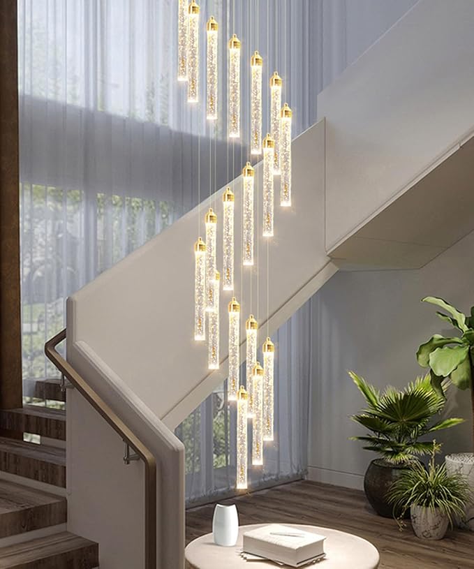 156in Long Light 20-Lights Chandeliers for Entryway LED Dimmable Chandeliers Lighting Fixture Modern Flat Sloped High Ceiling Pendant Lights Crystal Drop Light for Living Room Foyer Hallway Staircase