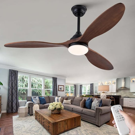 BOJUE 52 inch Ceiling Fans with Lights and Remote Control, Dimmable LED Light, Indoor Outdoor Mordern Black Ceiling Fan with 3 Wood Blade for Patio Living Room, Bedroom, Office, Summer House