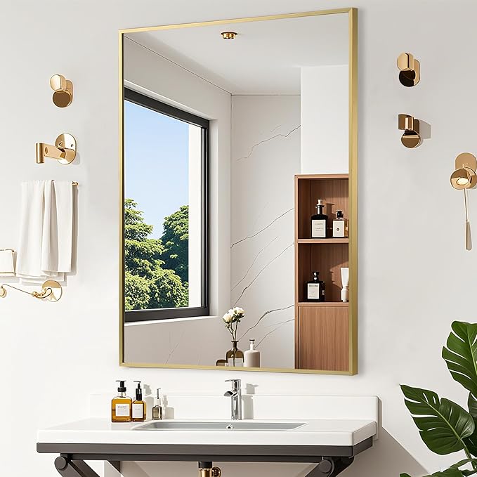 Gold Bathroom Mirror, 16"x24" Rectangle Mirror, Brushed Gold Mirror, Metal Frame Square Corner Vanity Mirror, Wall Mounted Mirror for Modern, Living Room, Bedroom, Horizontal Or Vertical