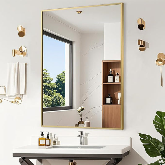 Gold Bathroom Mirror, 16"x24" Rectangle Mirror, Brushed Gold Mirror, Metal Frame Square Corner Vanity Mirror, Wall Mounted Mirror for Modern, Living Room, Bedroom, Horizontal Or Vertical
