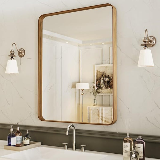 LOAAO 32X36 Inch Bathroom Mirror with Wood Grain Colored Metal Frame, Rounded Rectangle Metal Framed Bathroom Mirror, Anti-Rust, Hangs Horizontally or Vertically, Tempered Glass