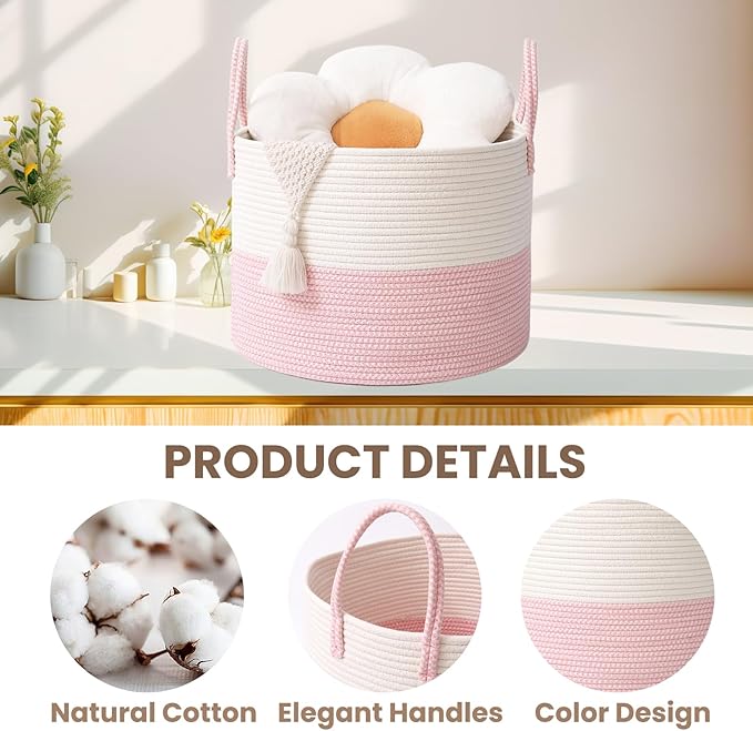Woven Blanket Basket,65L Large Rope Storage Bin with Handles, Organizer for Blankets Toys Book and Clothes, Laundry Basket for Living Room Bedroom Nursery,White&amp;Pink