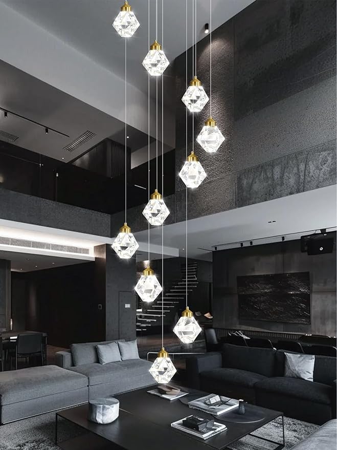 10-Light Modern Chandelier for Entrance Crystal Chandeliers for Living Room Gold Pendant Light Fixture Staircase Chandeliers for High Ceilings Dimmable LED Hanging Light with Remote