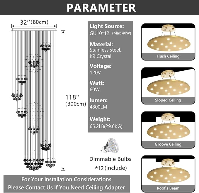 118'' Modern Large Chandelier for Foyer Raindrop Crystal Chandeliers LED Dimmable High Ceiling Flush Mount Light Fixtures for Staircaes Hallway Entryway Gold