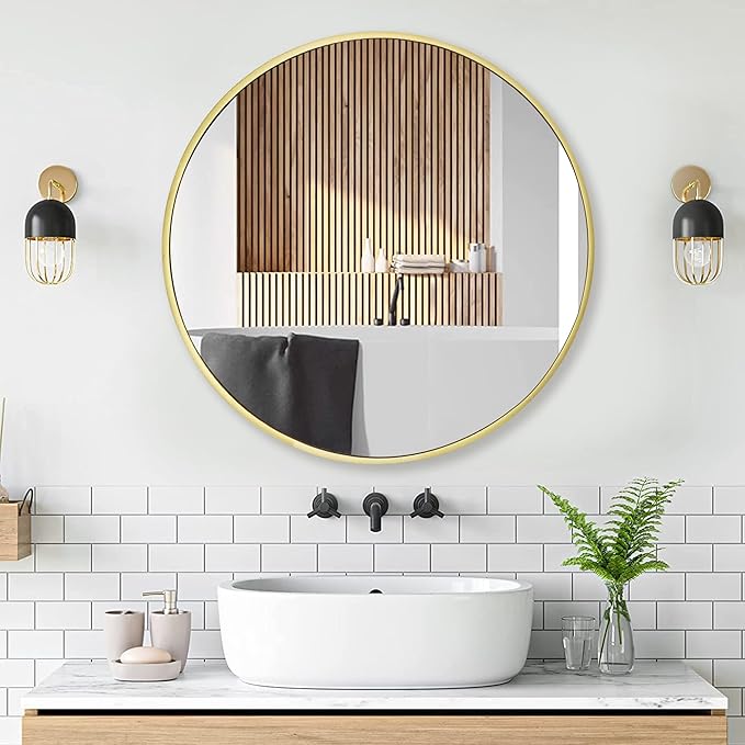 28 inch Gold Frame Mirror for Wall, Brushed Matte Gold Metal Round Mirror for Bathroom Vanity, Bedroom Decor, Living Room, Entryway