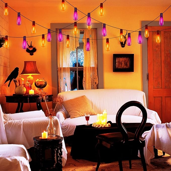 ST40 Purple and Orange Halloween Lights,10FT Outdoor LED Halloween String Lights with 11 Orange/Purple Flame Bulbs,Hanging Decorative Light String for Garden Porch Gazebo Bistro,Black Wire