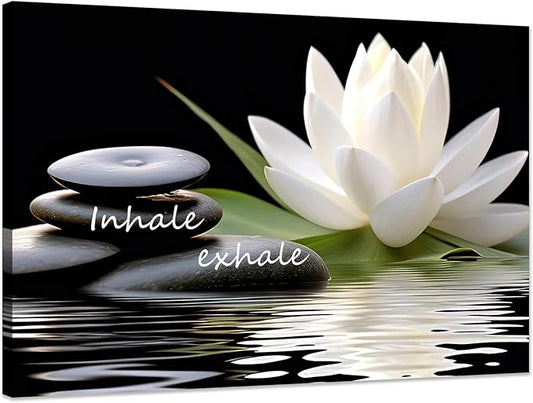 Zen Wall Art Inhale Exhale Canvas Prints Lotus Bloom in Water with Spa Stone Pictures for Zen Office Wall Decor Modern Spiritual Framed Artwork Poster (12x16inches)