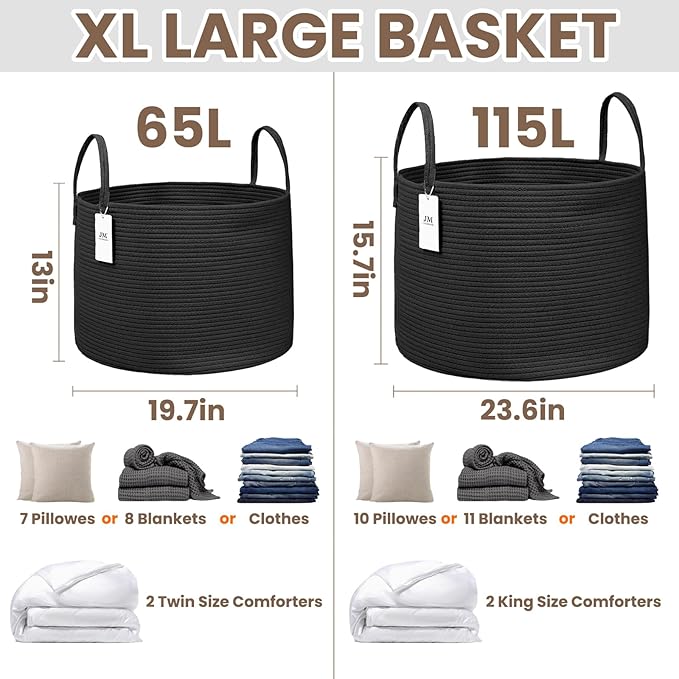 Woven Blanket Basket,65L Large Rope Storage Bin with Handles, Organizer for Blankets Toys Book and Clothes, Laundry Basket for Living Room Bedroom Nursery,Black