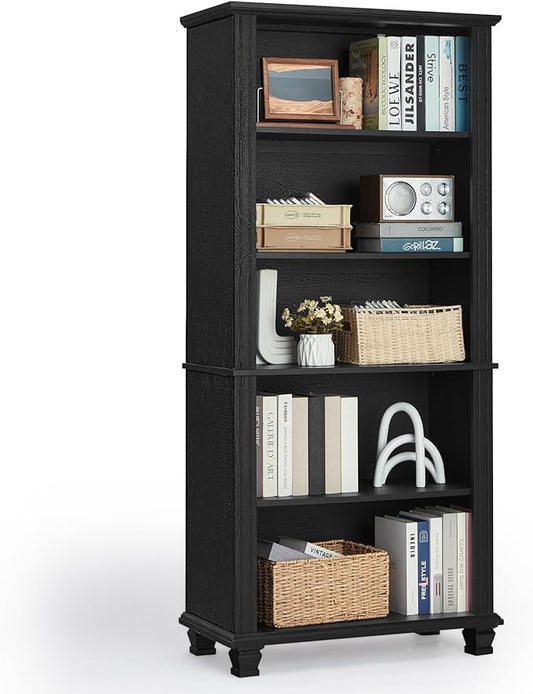 70" Tall Black Bookshelf,5 Tier Wooden Book Shelf with Adjustable Shelves &amp; Wood Legs,Free Standing Farmhouse Bookcase with Open Display Storage,Vintage Bookshelfs for Living Room,Office