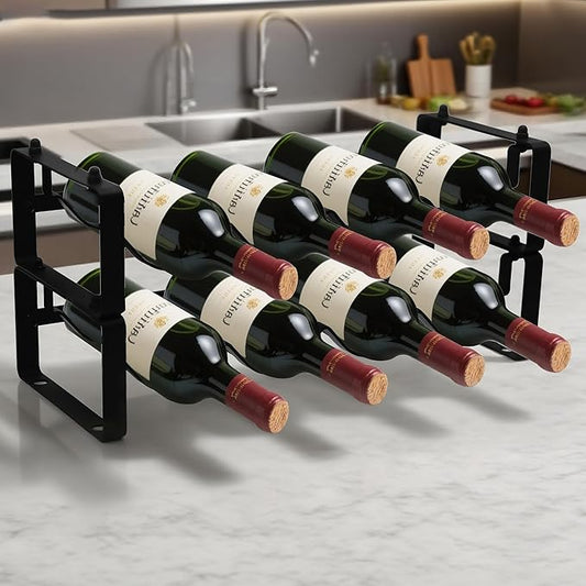 Small Wine Rack for 8 Bottles – Expandable &amp; Stackable Metal Wine Rack for Cabinet, Countertop, Floor, or Small Spaces – Compact Wine Storage Shelf for Kitchen, Bar, or Pantry (2 Tier, Black)