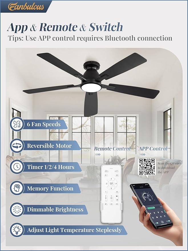 52 inch Ceiling Fans with Lights, Smart Flush Mount Ceiling Fan and Remote APP, Modern Low Profile, 3CCT 20W LED with 6-Speeds Quiet Reversible Motor for Bedroom, Living Room, Kitchen, Black