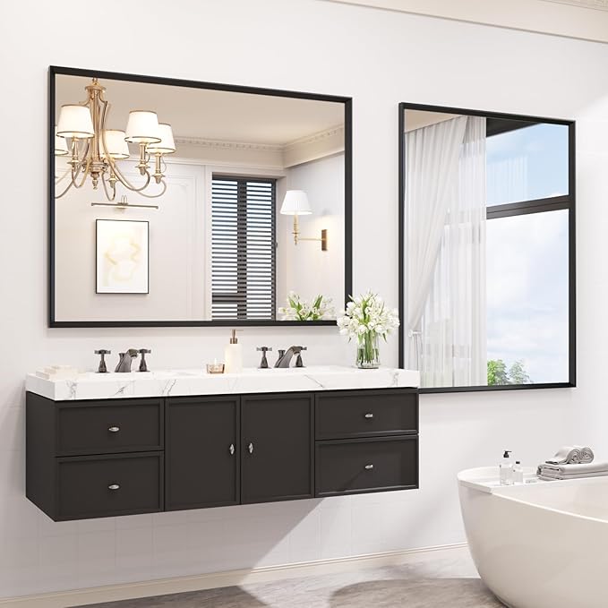 40x36 Inch Bathroom Mirror, Matte Black Framed Rectangle, 4MM Tempered Glass, Anti-Rust, Wall-Mounted Vanity Mirror for Bathroom &amp; Bedroom - Hangs Horizontally or Vertically