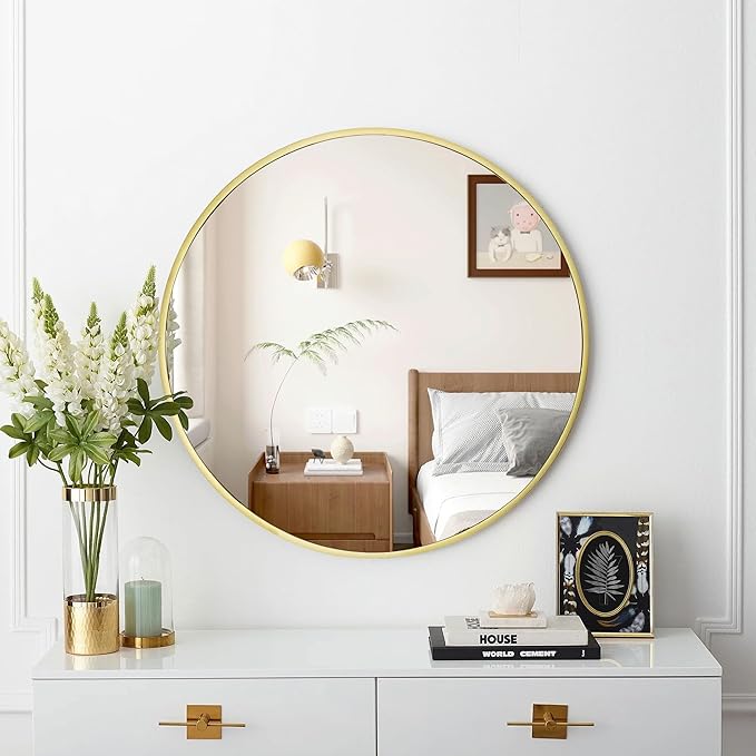 Large Round Gold Mirror 36 inch, Matte Gold Circle Mirror for Wall, Bathroom, Living Room, Hallway -Metal Framed Circular Decor