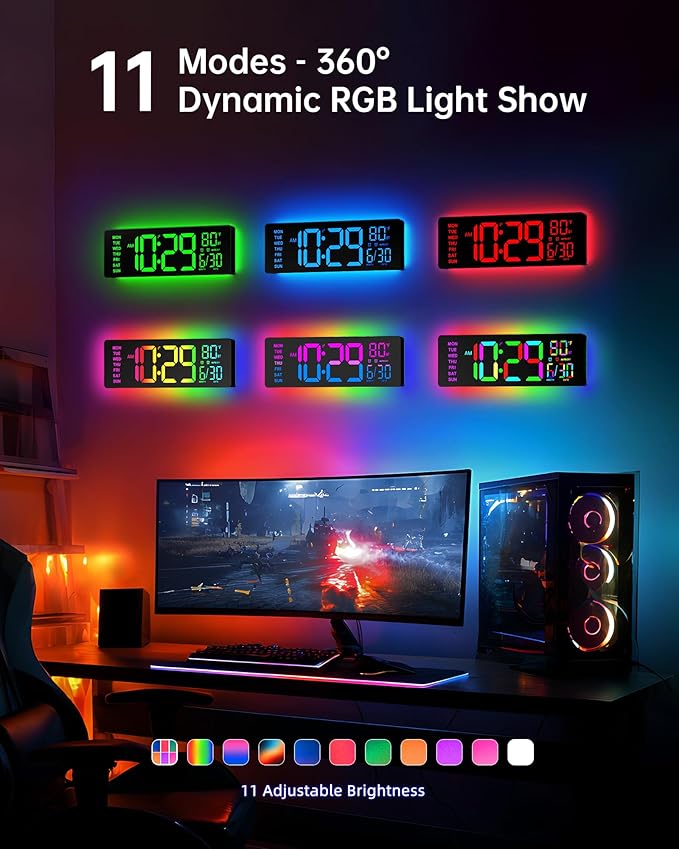 12" Digital Wall Clock for Classroom Livingroom Game Home Decor with LED Display RGB Lights, BIuetooth Sync, Dual Alarms, Auto DST, Countdown, Remote Control, Temperature