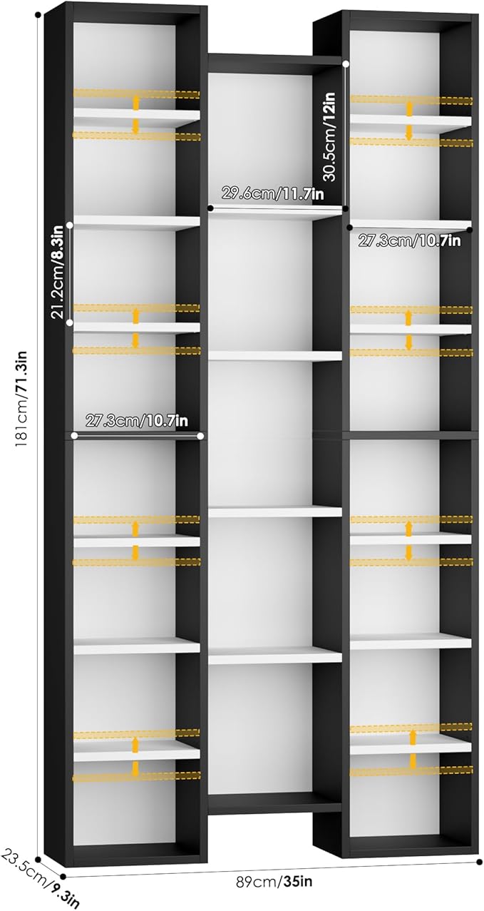 FOTOSOK 71'' Tall Bookshelf, Triple Wide Bookshelf with Adjustable Shelves, 8 Tier Media CD DVD Storage Tower Rack, Diaplay Cabinet Shelf, Cube Storage Organizer Shelf for Home Office, White/Black