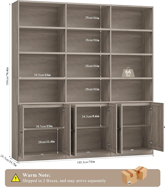 75" Triple Wide Bookshelf, Bookshelf and Bookcase with 6 Farmhouse Doors, 71" Wide 6 Tier Book Shelf with 18 Storage Shelves, Large Wooden Bookshelfs, Tall Bookcase for Home Office, Gray