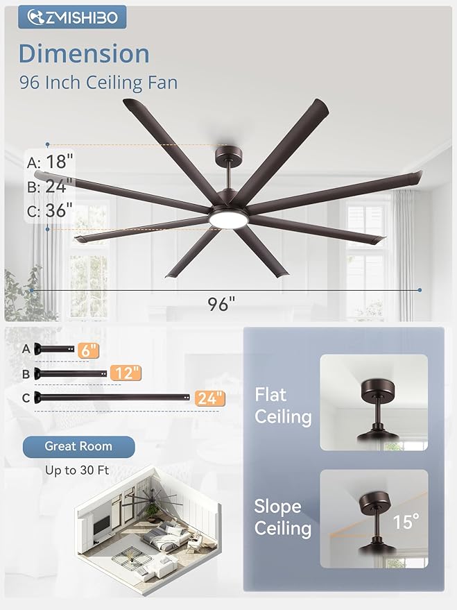 ZMISHIBO 96 Inch Ceiling Fans with Lights, Large Indoor/Outdoor Industrial Ceiling Fan with 8 Aluminum Reversible Blades, Quiet DC Motor, 3CCT& 6-Speed Remote Control, Damp Rated for Porch/Garage/Shop