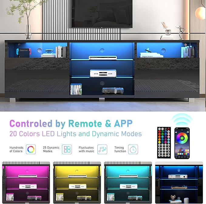 St.Mandyu LED TV Stand for 75/80 inch TV, Modern Television Table Center Media Console with Drawer and Led Lights, High Glossy Entertainment Center for Living Game Room Bedroom(Black)