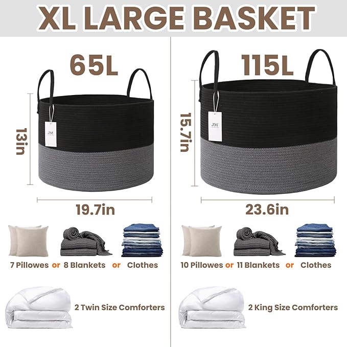 Woven Blanket Basket,65L Large Rope Storage Bin with Handles, Organizer for Blankets Toys Book and Clothes, Laundry Basket for Living Room Bedroom Nursery,Black&amp;Grey
