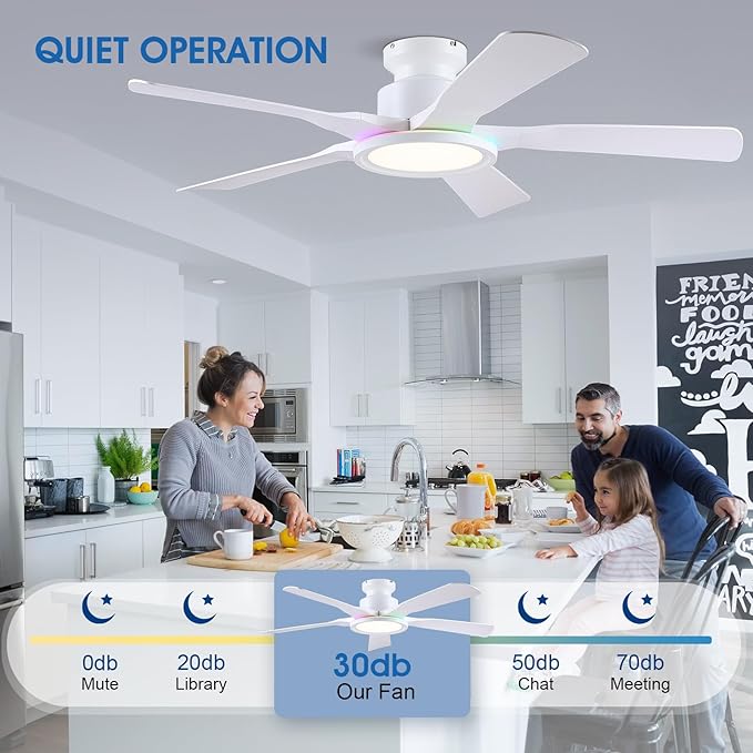 Ceiling Fans with Lights and Remote/APP Control, 52" Low Profile Flush Mount Ceiling Fan with RGB Ring Light &amp; Dimmable, 5 Reversible Curved Blades 3 CCT 6 Speeds for Kids Room Living Room, White