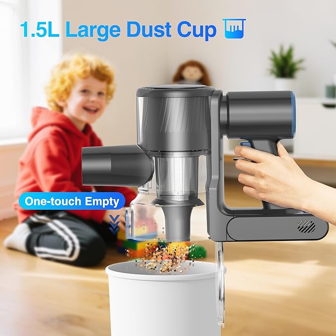 Zefiro Cordless Vacuum Cleaner for Home,450W /40Kpa 50Mins Stick Vacuum,Anti-Tangle 1.5L Dust Cup, Rechargeable Wireless Handheld Vacuum for Pet Hair/Carpet/Floor, Gray